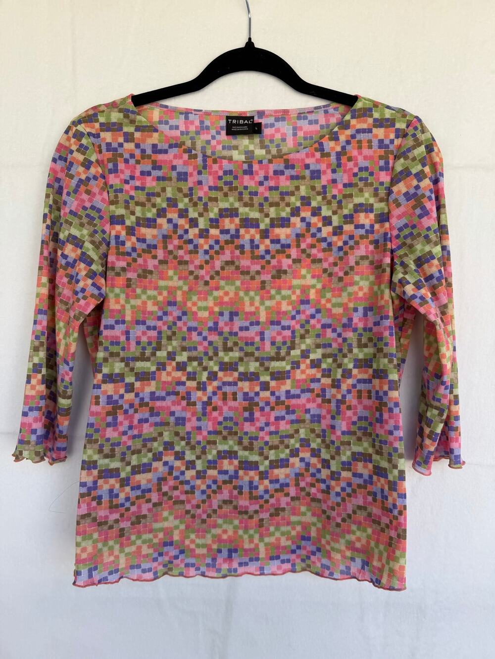 Tribal Women's Multicolor Pixel Mosaic Print Mesh Long Sleeve Top LARGE